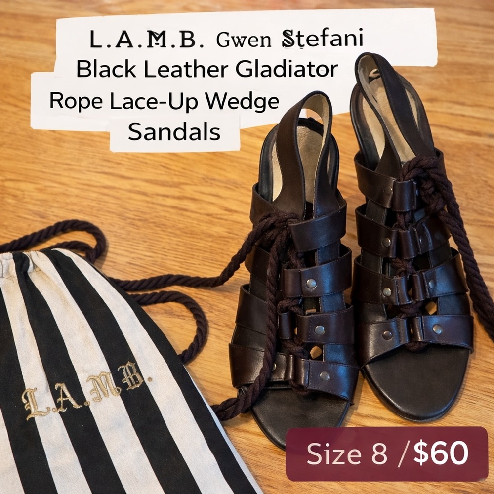 L.A.M.B. Gwen Stefani Brown Leather Lace Up Wedge Gladiator Sandals sz 8